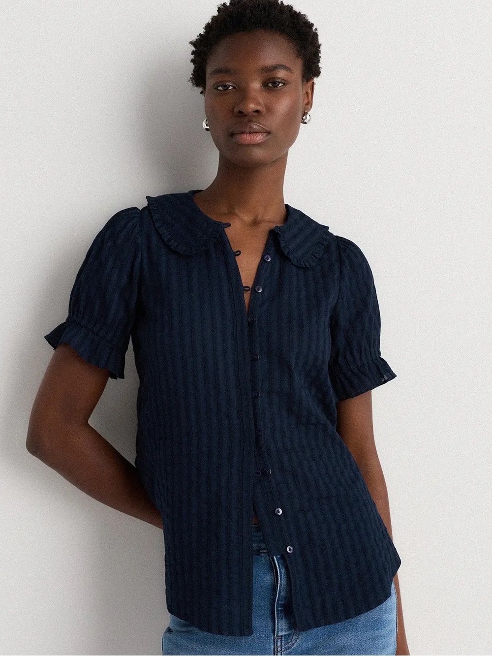 Quince~ Navy Textured Button-Front Women's Top with Peter Pan Collar